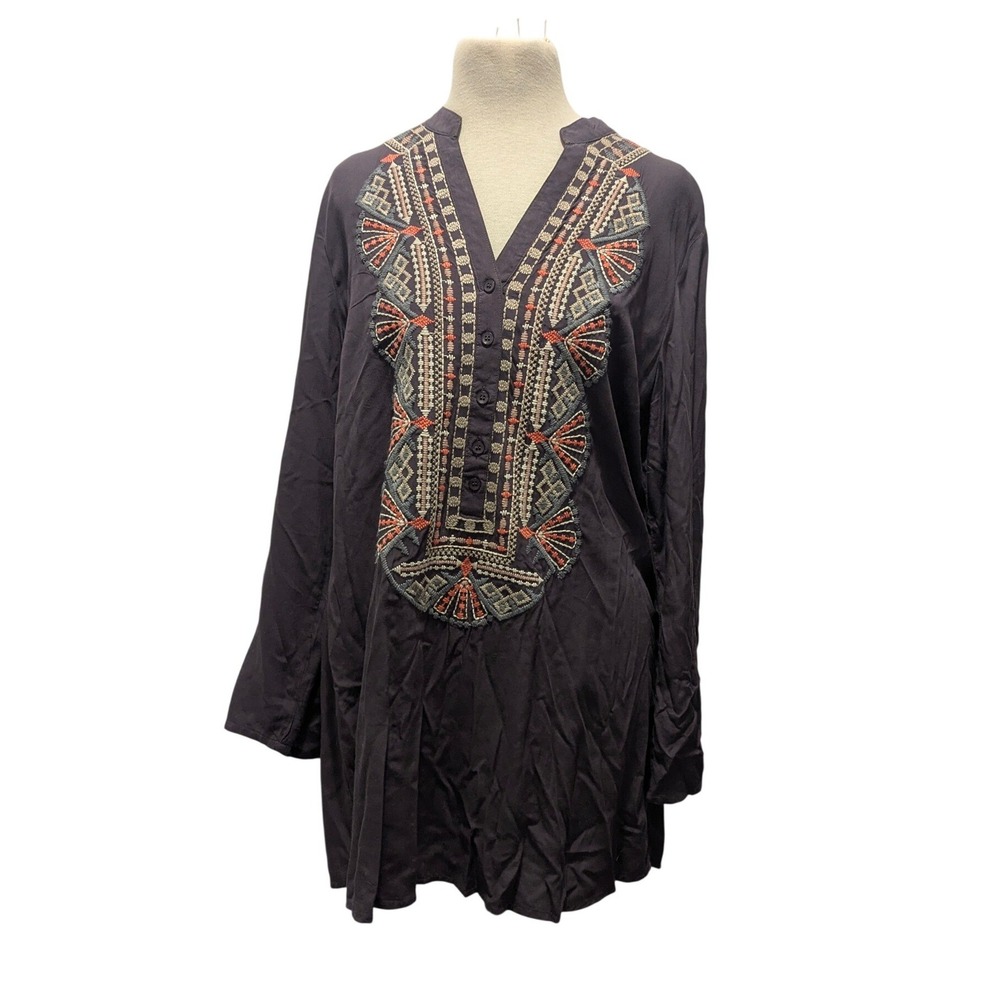 Solitaire‎ Embroidered Tunic Women Medium Black Boho Henley Long Sleeve Blouse